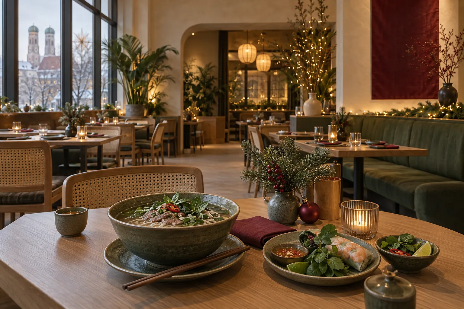Genereret restaurantmiljø med julepynt