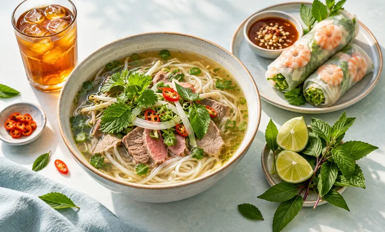 Ảnh phở và gỏi cuốn tạo bằng AI cho thực đơn minh họa