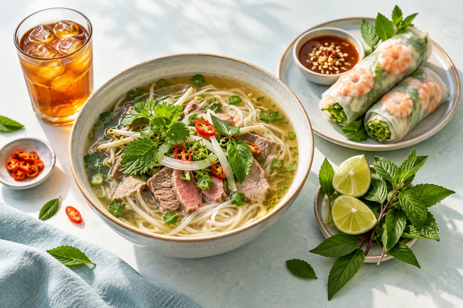 Ảnh cận cảnh phở và gỏi cuốn tạo bằng AI