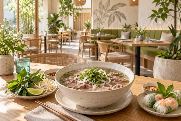 Ảnh tạo bằng AI minh họa nhà hàng Việt, không phải địa điểm Bonjour Vietnam thực tế